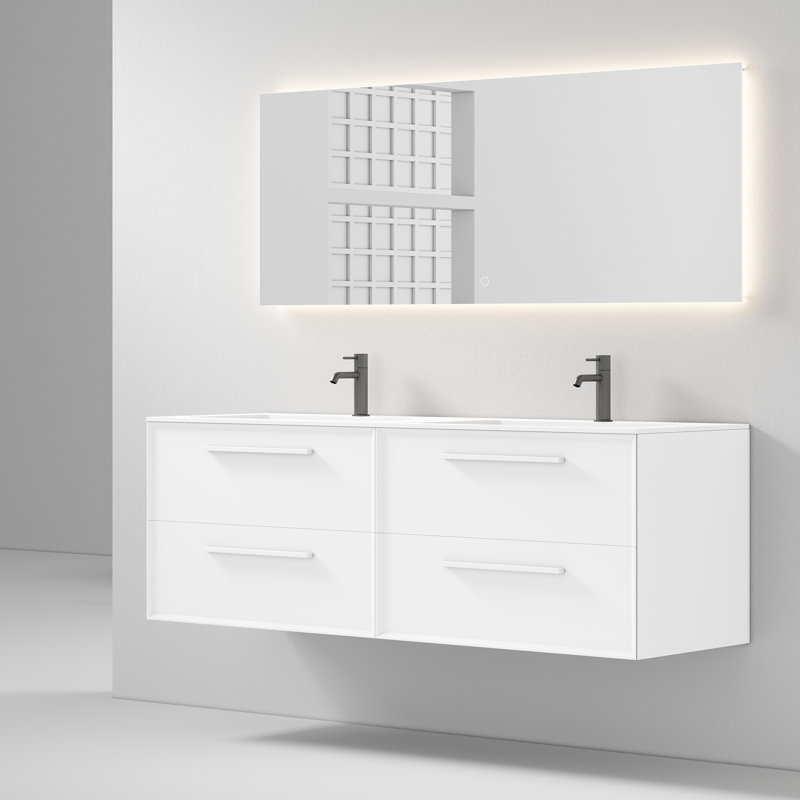 Schneeweis 60 po L x 18 po P 4 tiroirs Meuble-lavabo mural avec évier double et Comptoir en Surface solide blanc mat
