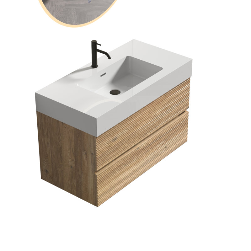 Meuble-lavabo mural Mid-Century moderne en chêne brut de 36 po, lavabo une pièce, poignée dissimulée, 20% plus de meuble-lavabo, système silencieux, trous en U
