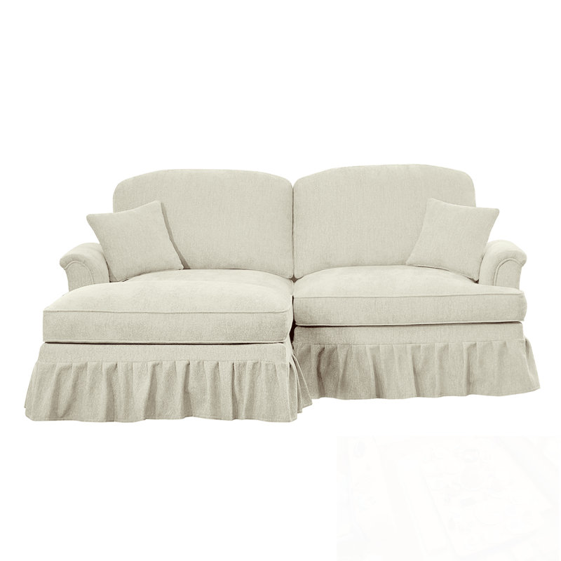 Canapé en L avec accoudoirs évasés et repose-pieds mobile, Beige et blanc