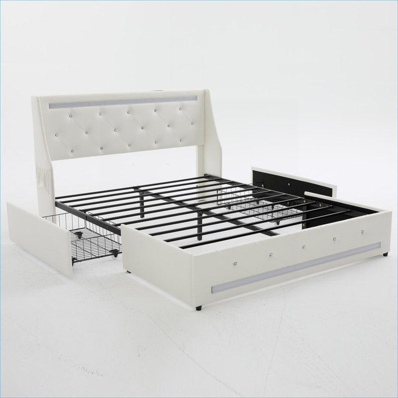 Structure de lit tapissier moderne à oreilles de luxe avec lumières DEL intégrées et tiroirs de rangement sous le lit, similicuir blanc et fabrication en métal