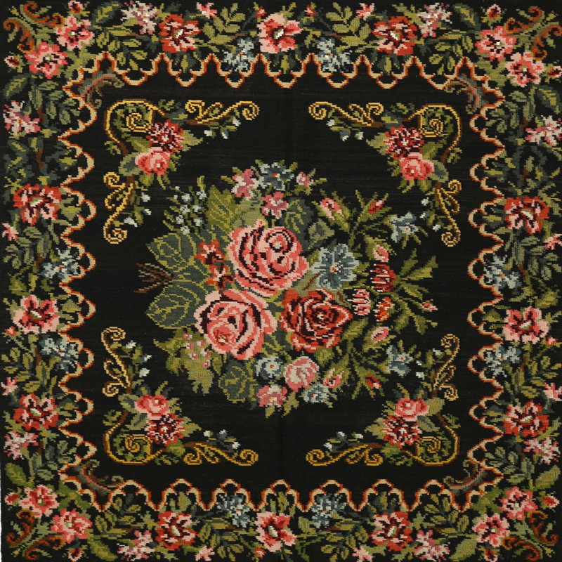 Tapis floral noir / vert / rouge, Rond 6 pi