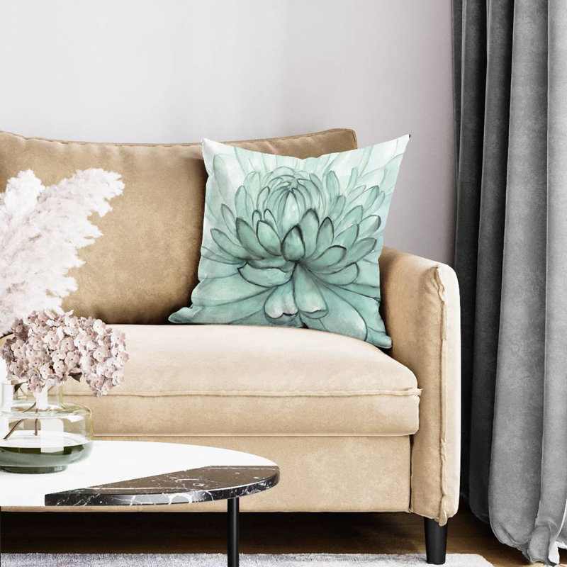 Turquoise flower - 20"x20" Throw pillow cover - Poly twill - Print on demand, 20" H x 20" W, Green/White