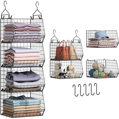 4 Tier Closet Hanging Organizer, Closet Organizers and Storage with 5 S Hooks, Closet Hanging Shelves & Freestanding Wire Storage Basket Bins, for Clothing Shoes Handbags Clutches Accessories 