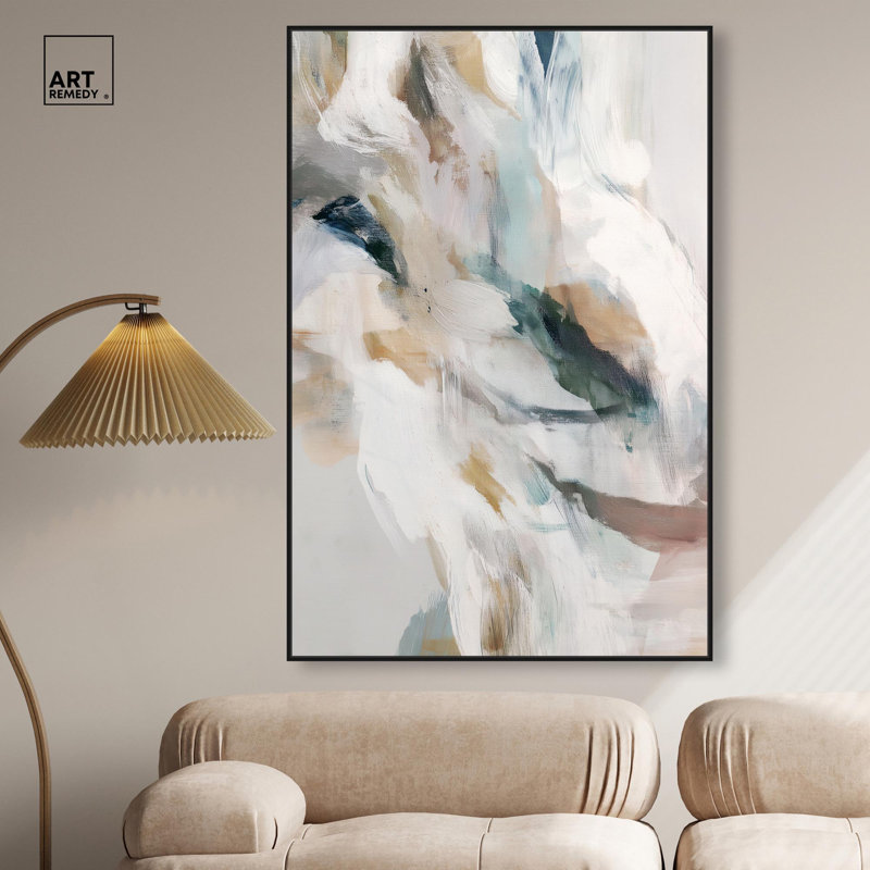 «Whispering Colors II», art abstrait vert par , Cadre flottant noir, H 55 po x l 37 po