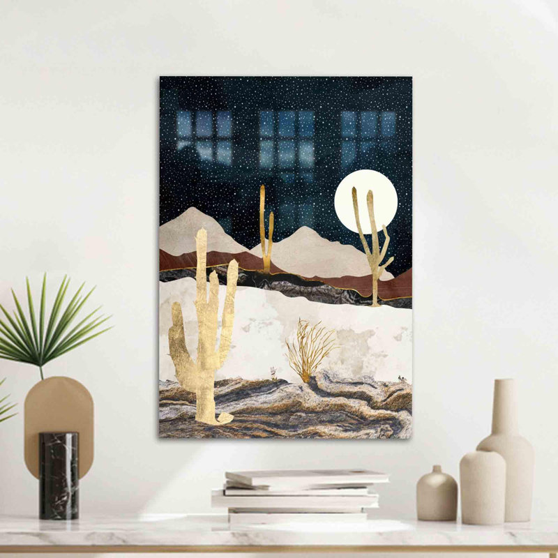 Ciel étoilé étoilé et paysage de désert abstrait imprimé sur verre pour décoration intérieure, H 18,1 po x l 28,3 po