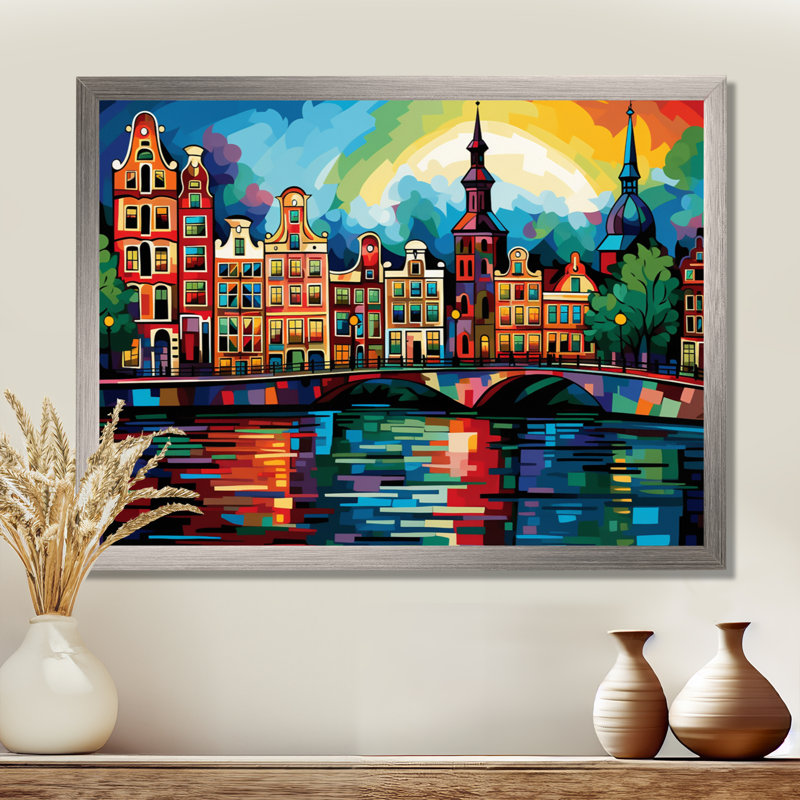 City Amsterdam Popart II sur impression sur toile, H 24 po x l 32 po x P 1 po, Cadre flottant brun