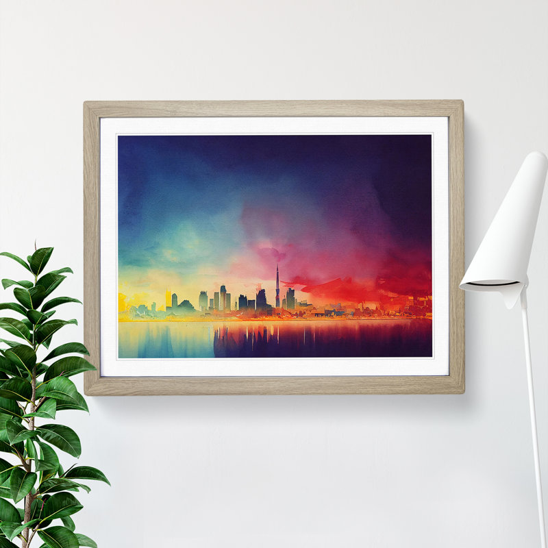 Skyline City Watercolour - Single Picture Frame Print, Grey, 46cm H x 64cm W x 2cm D