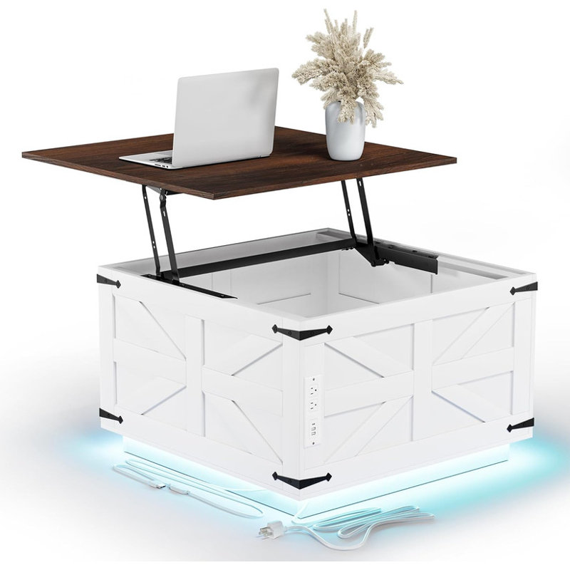 White and Dark Brown Square MDF Lift-Top Coffee Table with LED Lights