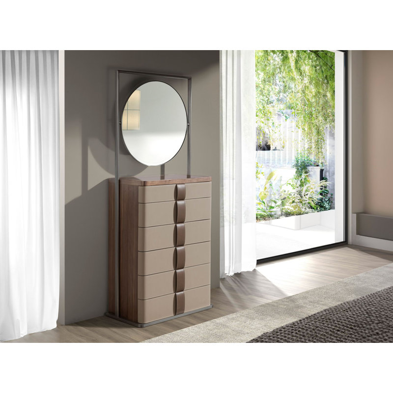 Chiffonier walnut, grey and brown smoked glass top with mirror
