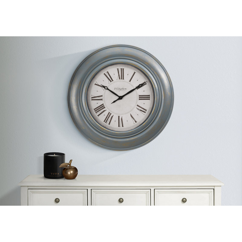 Horloge murale ronde 30 po, grande horloge murale, bleu antique, transitionnel