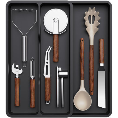 Utensil Organizer for Kitchen Drawer, Expandable Cooking Tray | Adjustable Cutlery Flatware Holder, Plastic Silverware Spatula Tools Storage Divider, 8.9-14.4 x 15.8", Black