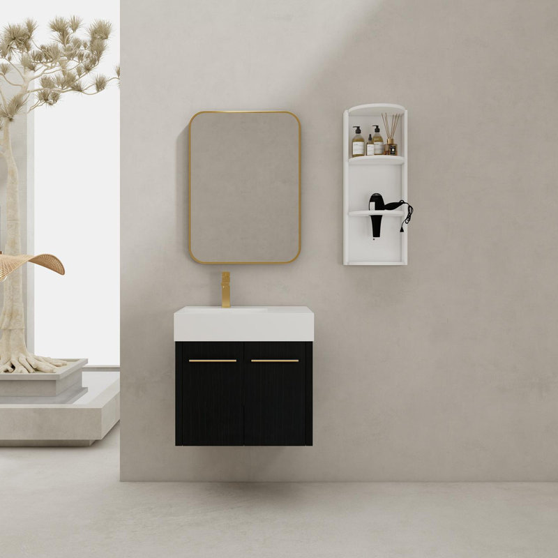 Meuble-lavabo mural avec lavabo et support de rangement, bassin gauche en résine à bords épais, ensemble KD, 24"