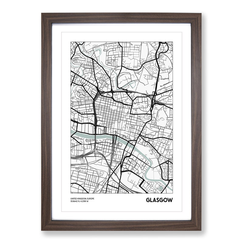 Map Glasgow UK - Picture Frame Graphic Art, 36cm H x 27cm W x 2cm D, Walnut Framed