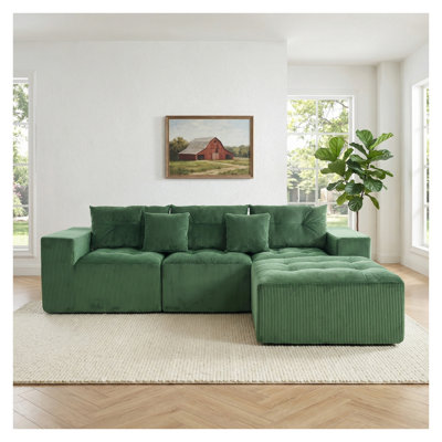 Canapé d'angle modulaire en velours côtelé de 257 cm (101 po), 3 places convertible avec méridienne amovible, configuration à faire soi-même pour le salon, vert