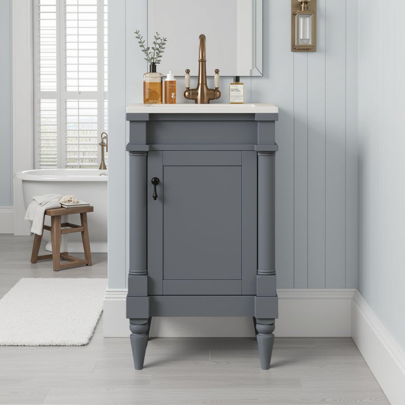 Petit meuble-lavabo autoportant moderne de 18 pouces avec lavabo en céramique, armoire de rangement avec tablette réglable