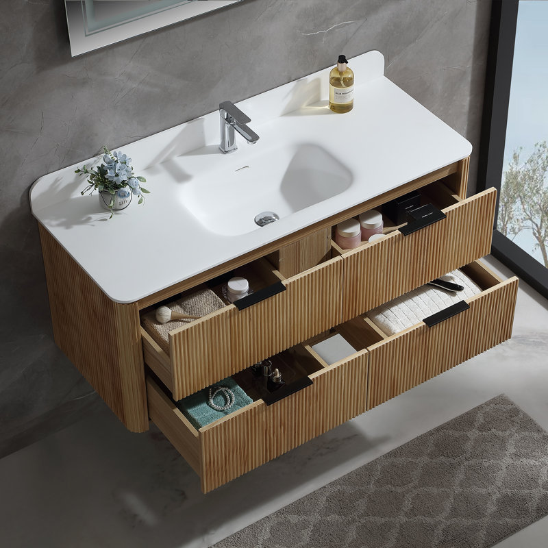 Meuble-lavabo mural flottant avec plateau en acrylique, Chêne, 48"