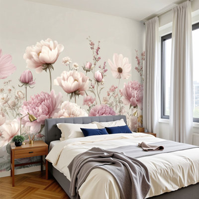Papier peint adhésif mural Boho pelucheux et doux aquarelle de jardin pivoines roses, papier peint amovible H 100 po x l 144 po, papier mural amovible en PVC pour chambre à coucher, salon, chambre de bébé