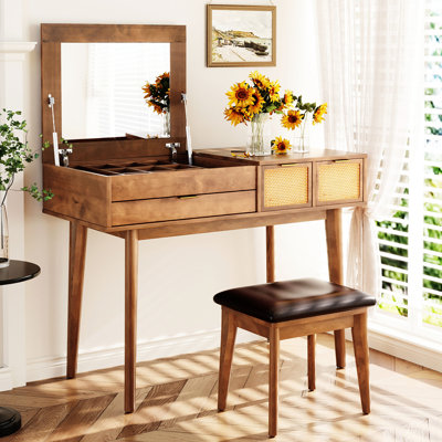 Brown Wood Makeup Table With Stool, 43.3" Flip-Top Mirror And Three Drawers For Storage Classic Vanity In Brown, Beauty Routines