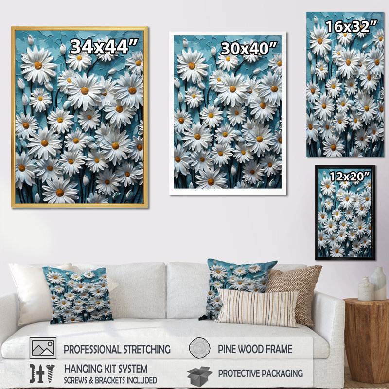 «White Daisy Meadow Elegance III», reproduction sur toile, Cadre flottant noir, H 32 po x l 24 po x P 1 po