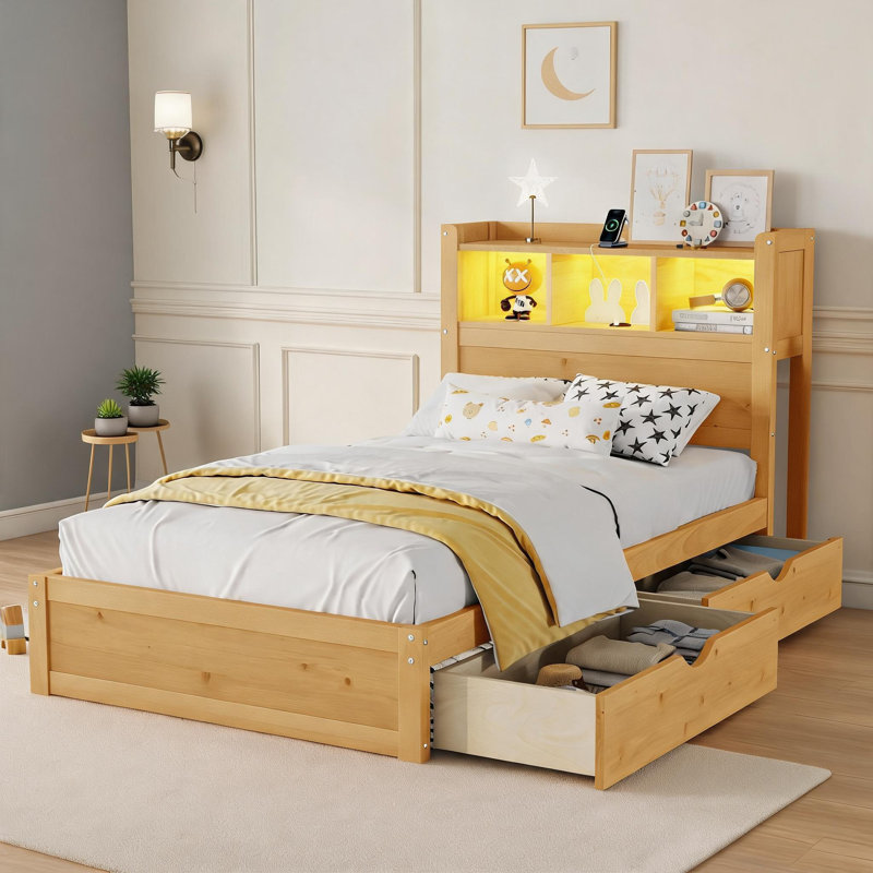 Petite chambre à coucher ou lit plateforme simple en bois massif avec rangement personnalisable et éclairage à DEL intégré, naturel chaleureux
