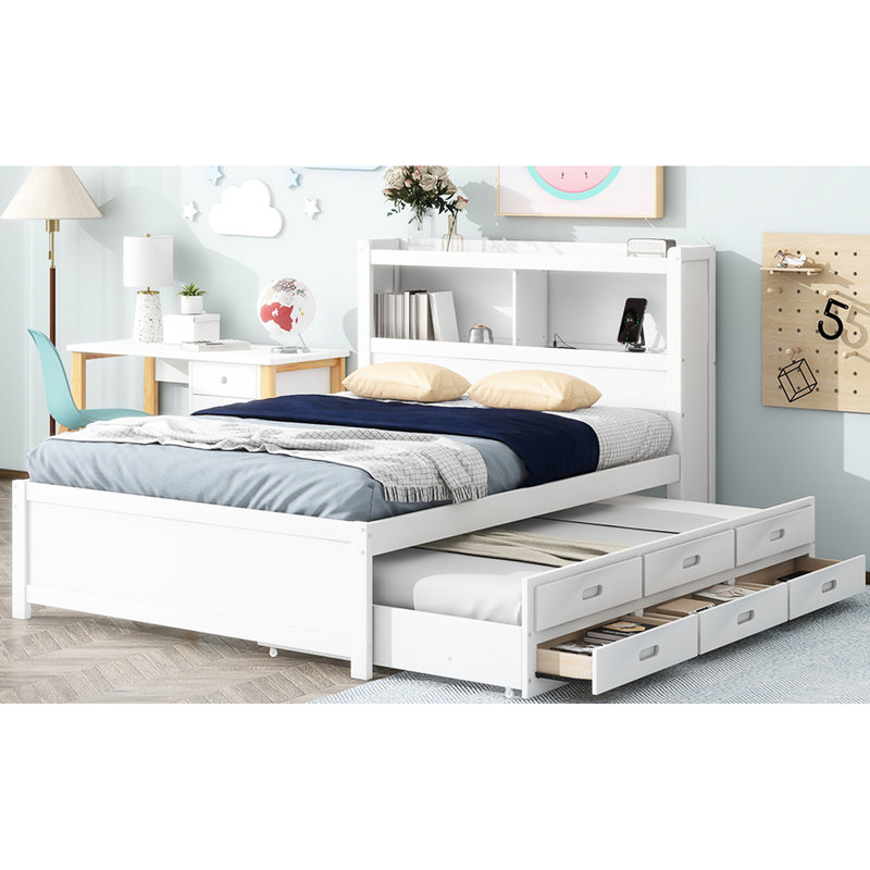 Lit plateforme moderne avec lit gigogne et tiroirs pour un chargement facile, Blanc