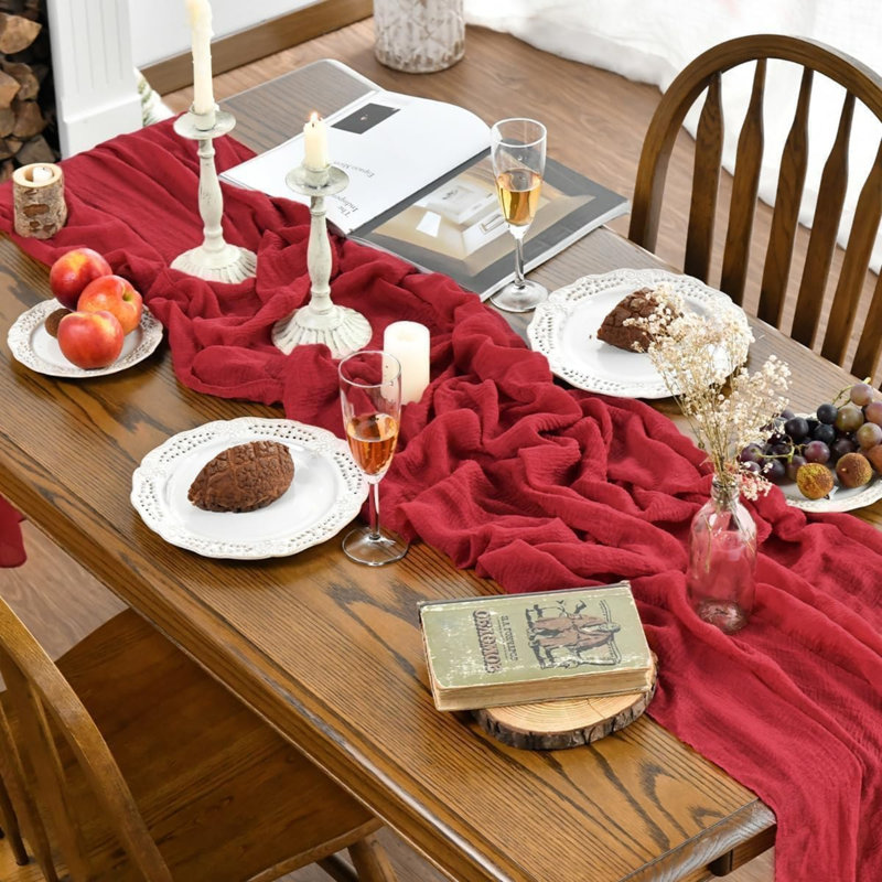 Red Boho Gauze Wedding Cheesecloth Christmas Table Runner 400cm | Valentine's Day Seasonal Bridal Fabric Kitchen Dining Holiday Table Decor for Home Party