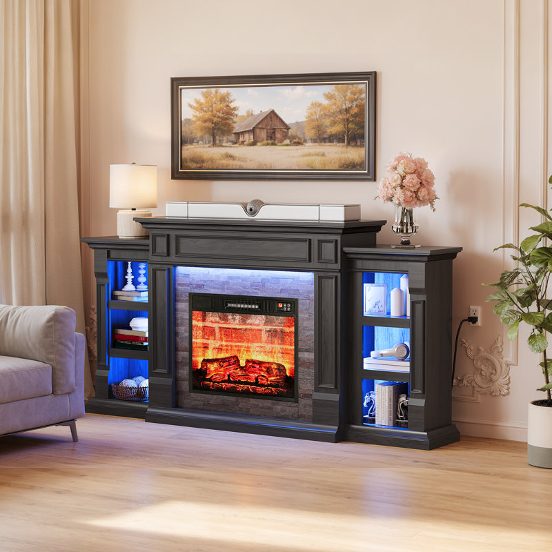 Meuble télé 72 po pour téléviseur de 80 po ou moins avec foyer électrique et tablettes réglables, noir, Black