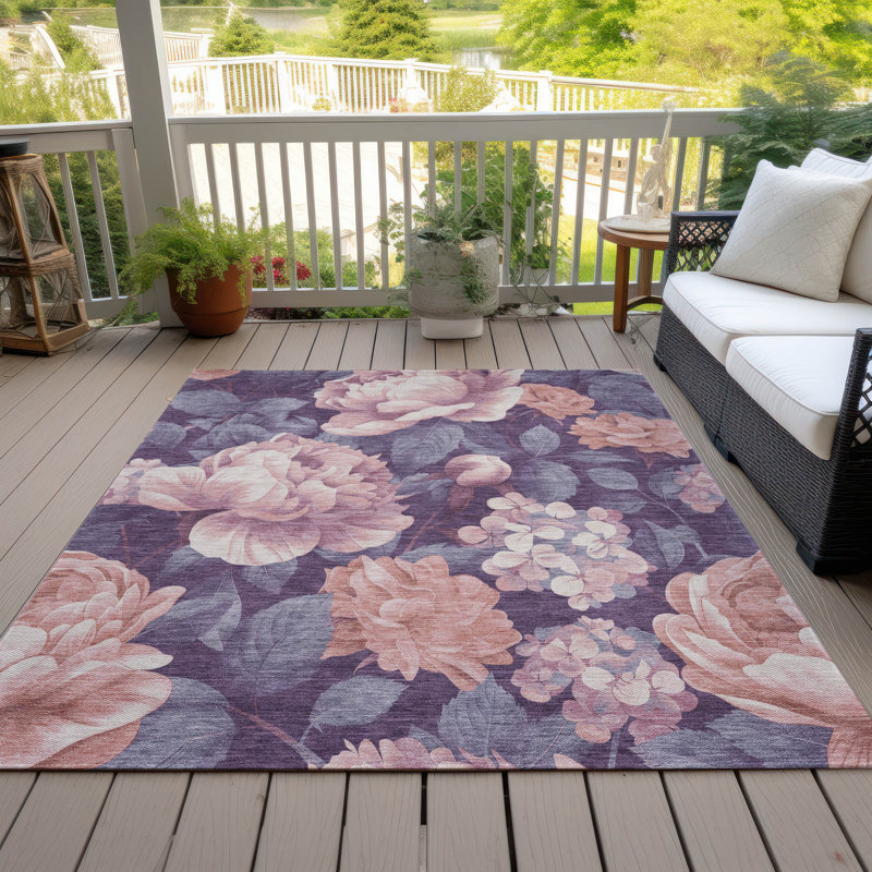 Floral Red and Purple Synthetic Washable Area Rug 3' x 5'