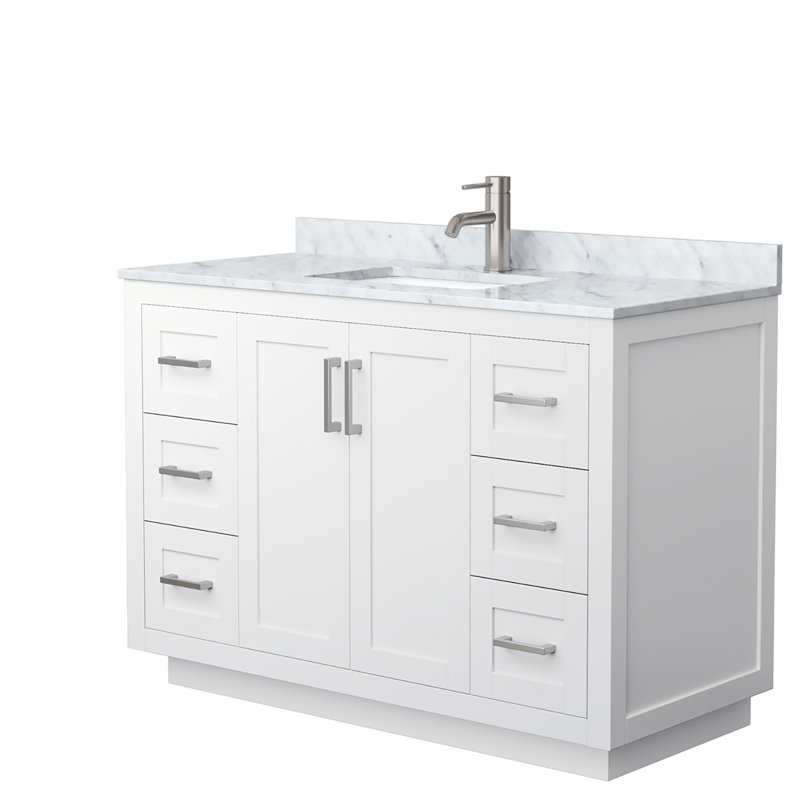 Ensemble de meuble-lavabo simple autoportant avec plateau en marbre Miranda, Blanc, Nickel brossé