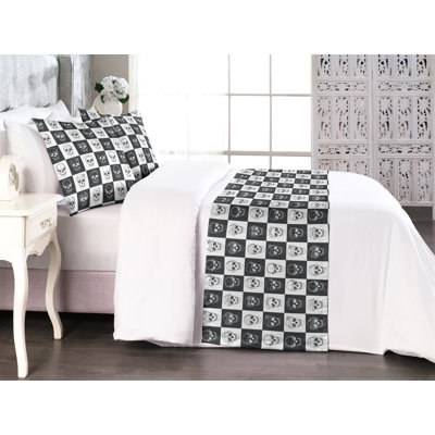 Ambesonne Skull Bed Runner Set Checkered Squares Gothic Art Dark Blue Grey and White