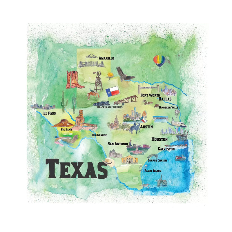 " USA, Texas Travel Poster " by Markus And Martina Bleichner, 12" H x 12" W x 0.75" D