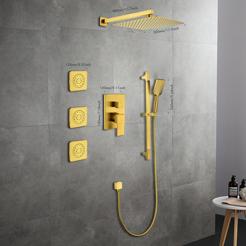 Douche dorée avec poignées leviers et barre coulissante: tête de pluie naturelle, autonettoyante, profondeur de 12,12 po, matériau élégant en laiton, bras doré: Simulation de la pluie,
