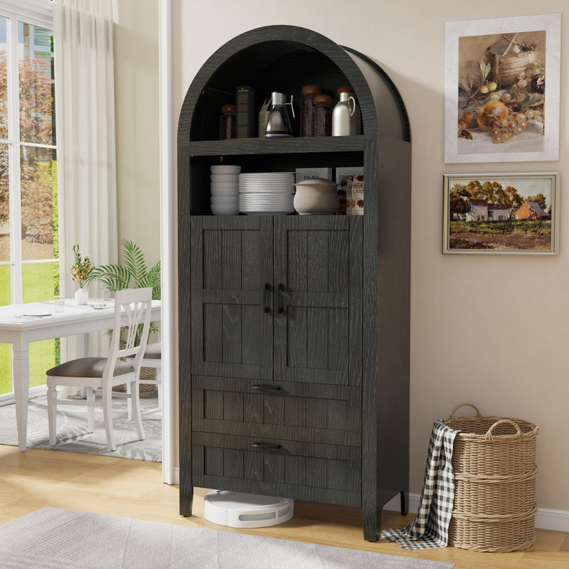 71" Tall Arched Kitchen Pantry Cabinet, Black