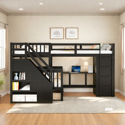 Jahmarion L-Shaped Bunk Bed with 3 Drawers, Portable Desk & Wardrobe