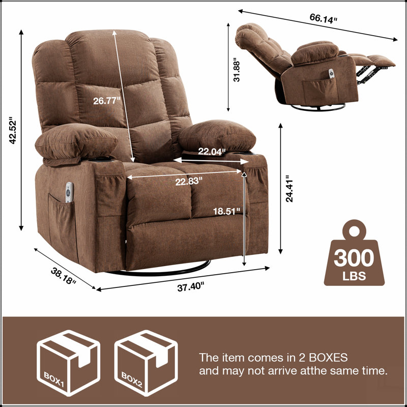 Massage Rocker Recliner Chair Rocking Chairs for Adults Oversized with 2 Cup Holders, Brown Linen
