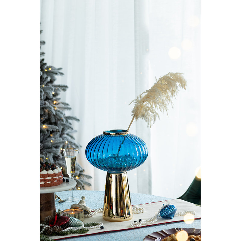 Galust Handmade Glass Table Vase, Blue/Gold, 15.2" H x 10.6" W x 10.6" D