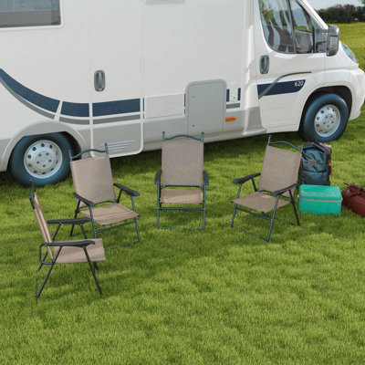 Chaises de patio pliantes, ensemble de 4 chaises de sport pour adultes, chaises de camping avec accoudoirs, siège en tissu maillé respirant pour la pelouse, brun