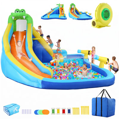 Parc aquatique gonflable avec glissade, mur d'escalade, canons à eau doubles et pataugeoire - Maison de rebond robuste pour enfants de 3 à 8 ans - Comprend un ventilateur de 450 W et un sac de transport