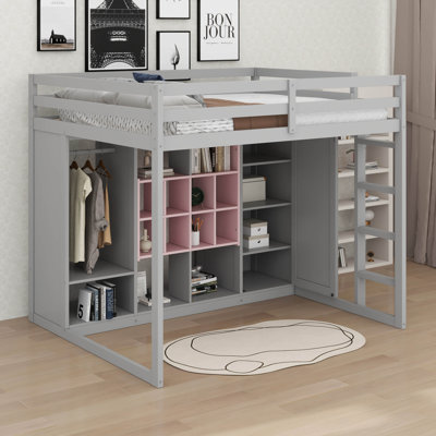  Wood Loft Bed With Wardrobe And Reversible Staircase,Multi-Function Bed Frame W/Shelves & Cabinet