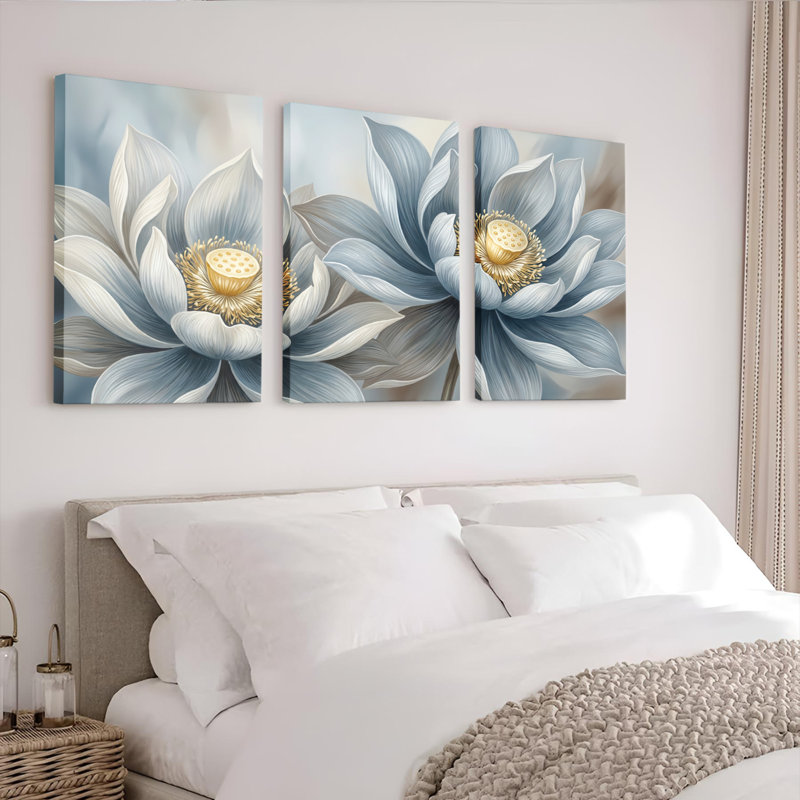 Ensemble de 3 tableaux sur toile tendue représentant des fleurs de lotus bleus, pour la décoration du salon et de la chambre.