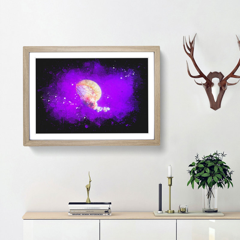 Jellyfish Paint Splash - Picture Frame Graphic Art, Oak Framed, 45cm H x 63cm W x 2cm D