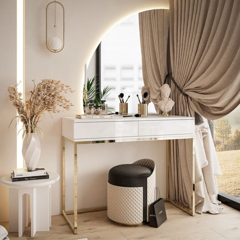 Dalshawn Dressing Table with Mirror, White/White