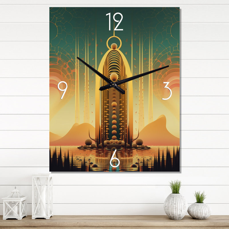 Futuriste architecture minimaliste ville d'or - horloge murale paysage abstrait surdimensionné, H 28 po x l 12 po x P 1 po