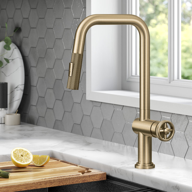 Urbix Industrial Pull-Down Single Handle Kitchen Faucet, Brushed Gold