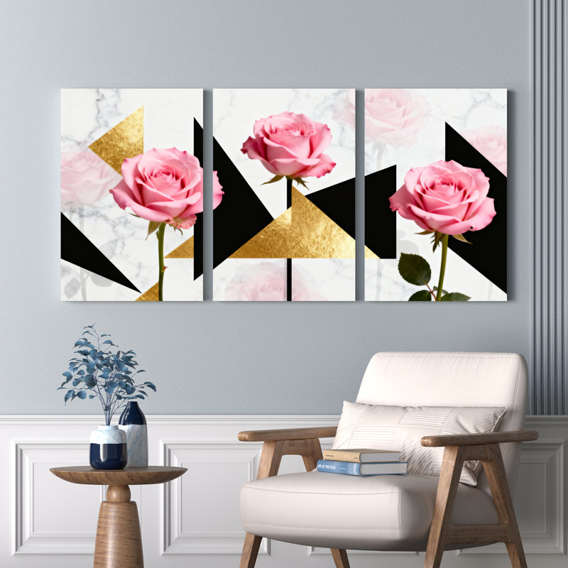 Roses roses avec motifs géométriques dorés et noirs, impression sur toile abstraite moderne (ensemble de 3)