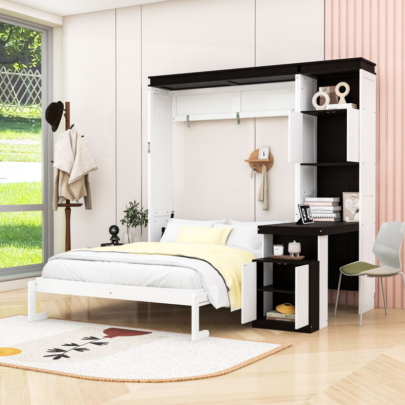 Lit escamotable avec bureau intégré et tablettes de rangement, Lit double