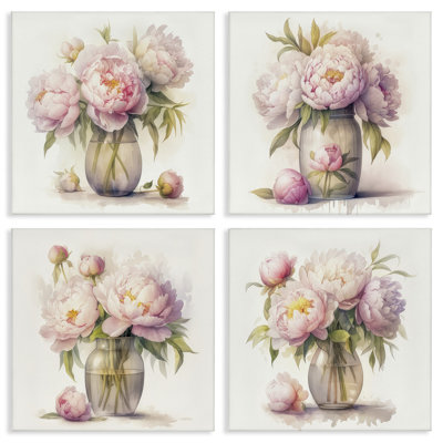 Jolies pivoines roses, ensemble de 4 toiles murales par LSR Design Studio