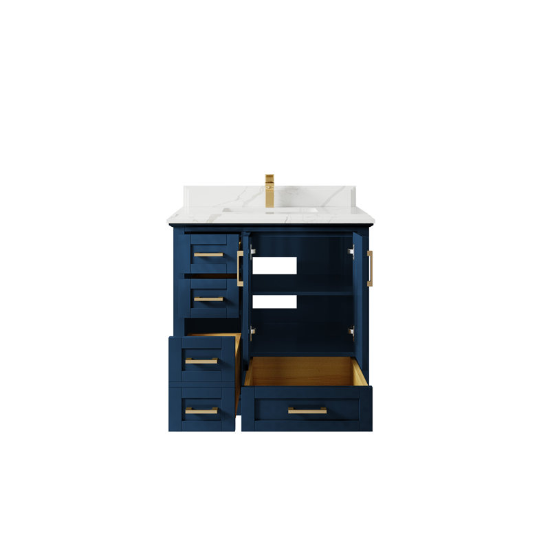 Boston 36 In. W X 22 In. D Centre Sink Bathroom Vanity In Navy Blue With Cove Edge Quartz, Calacatta Laza