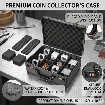 Boîte de rangement verrouillable en aluminium pour collection de pièces de monnaie, étui de transport sécurisé noir avec séparateurs en mousse à monter soi-même, organisateur de protection pour porte-pièces, médailles et accessoires de collection