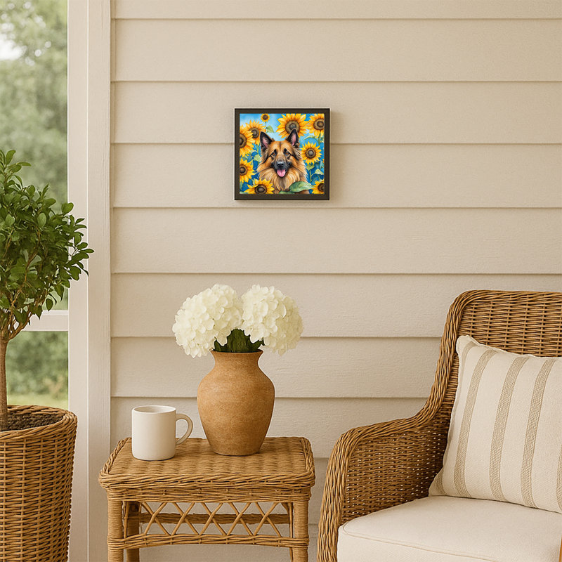 Belgian Tervuren in Sunflowers Framed Metal Print